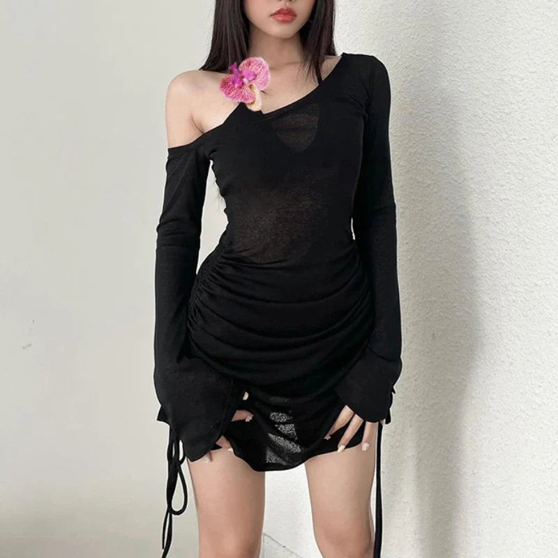 Halter Tie Flowers Fake Two Piece Dress Set Long Sleeve Draw String See Through Mesh Dresses Women Night Party Mini Dresses