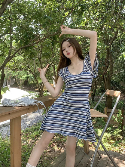 Close Waist Summer Mini Dress Chic Women Knitted Short Sleeve New Soft Casual Stripes All Match Slim Lady