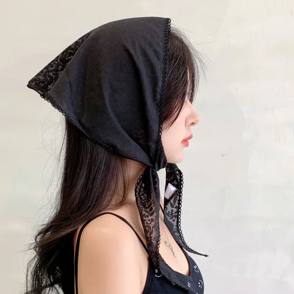 French Girl Latest White Black Sheer Lace Triangle Scarf Floral Face Veil Wedding Party Shawls Headband Headscarf Accessories
