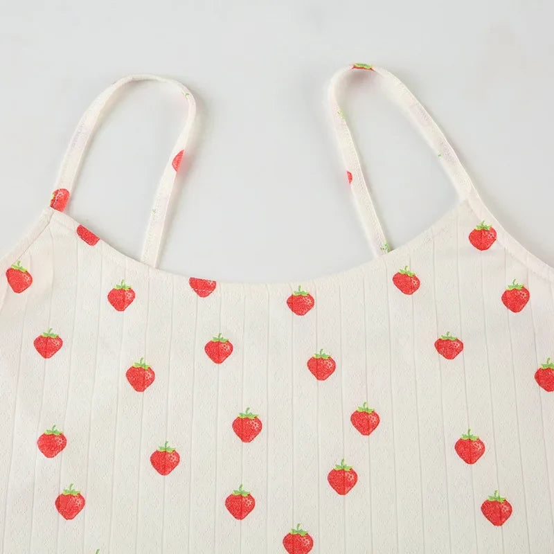 Strawberry Print Eyelet Two-piece Set Women Summer Sleeveless Slim Camis+Drawstring Pants Sets Home Cozy Sweet Casual Pajamas