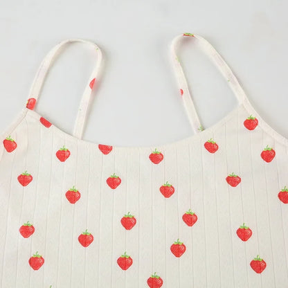 Strawberry Print Eyelet Two-piece Set Women Summer Sleeveless Slim Camis+Drawstring Pants Sets Home Cozy Sweet Casual Pajamas