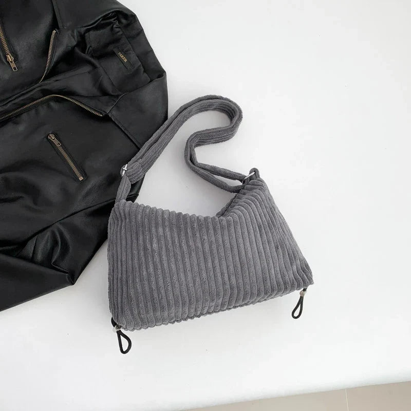 Beige Corduroy Bag For Women Simple Shoulder Bag Versatile Shopper Underarm Handbag Purse Zipper Small Messenger Bag Travel
