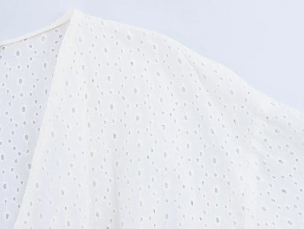Lantern Sleeve Flower Embroidery Short Dress Elastic Waist A-line White Women Dress Vacation Casual Summer Dresses