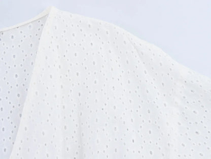 Lantern Sleeve Flower Embroidery Short Dress Elastic Waist A-line White Women Dress Vacation Casual Summer Dresses