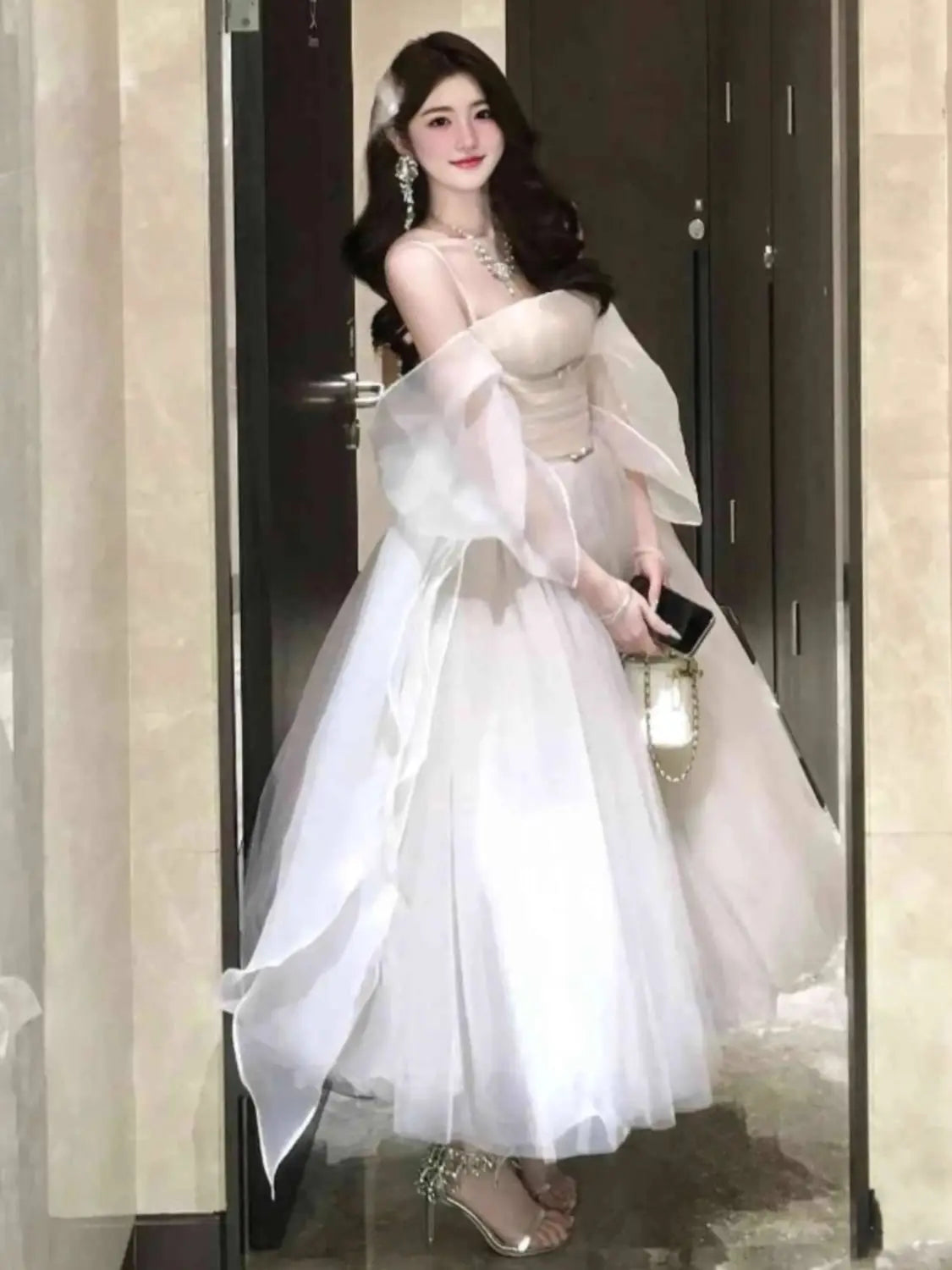 High-Grade Wear Waist Trimming Lace up Suspenders Dress Beautiful Long
