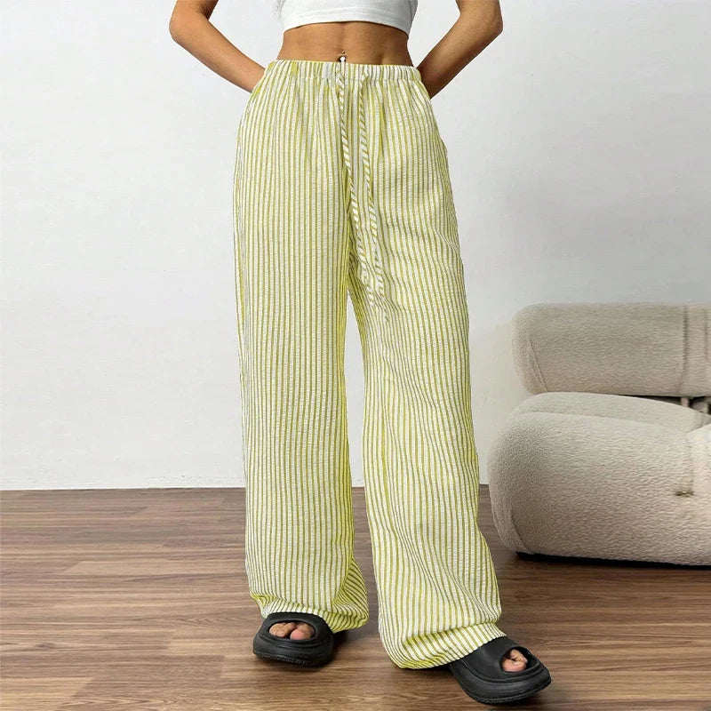 Striped Drawstring Wide Leg Pants Elastic Waist Lightweight Trousers for Summer Office Casual Vacation Wear Women Slack