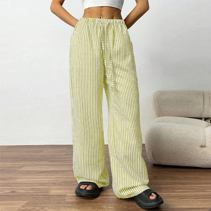 Striped Drawstring Wide Leg Pants Elastic Waist Lightweight Trousers for Summer Office Casual Vacation Wear Women Slack