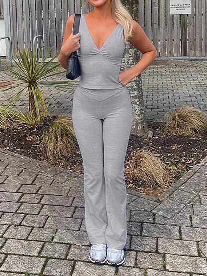 Sweetown Gray Slim Sleeveless V Neck Vest And V Shape Waist Flared Leggings 2 Pieses Pants Sets Womens Summer Baddie Outfits