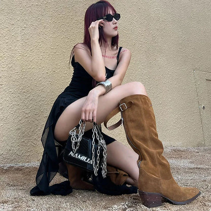 New Wide Leg Maillard style Brown Western Boots Women Pointy Tow Square Heels Vintage Zipper Knee High Boots Shoes