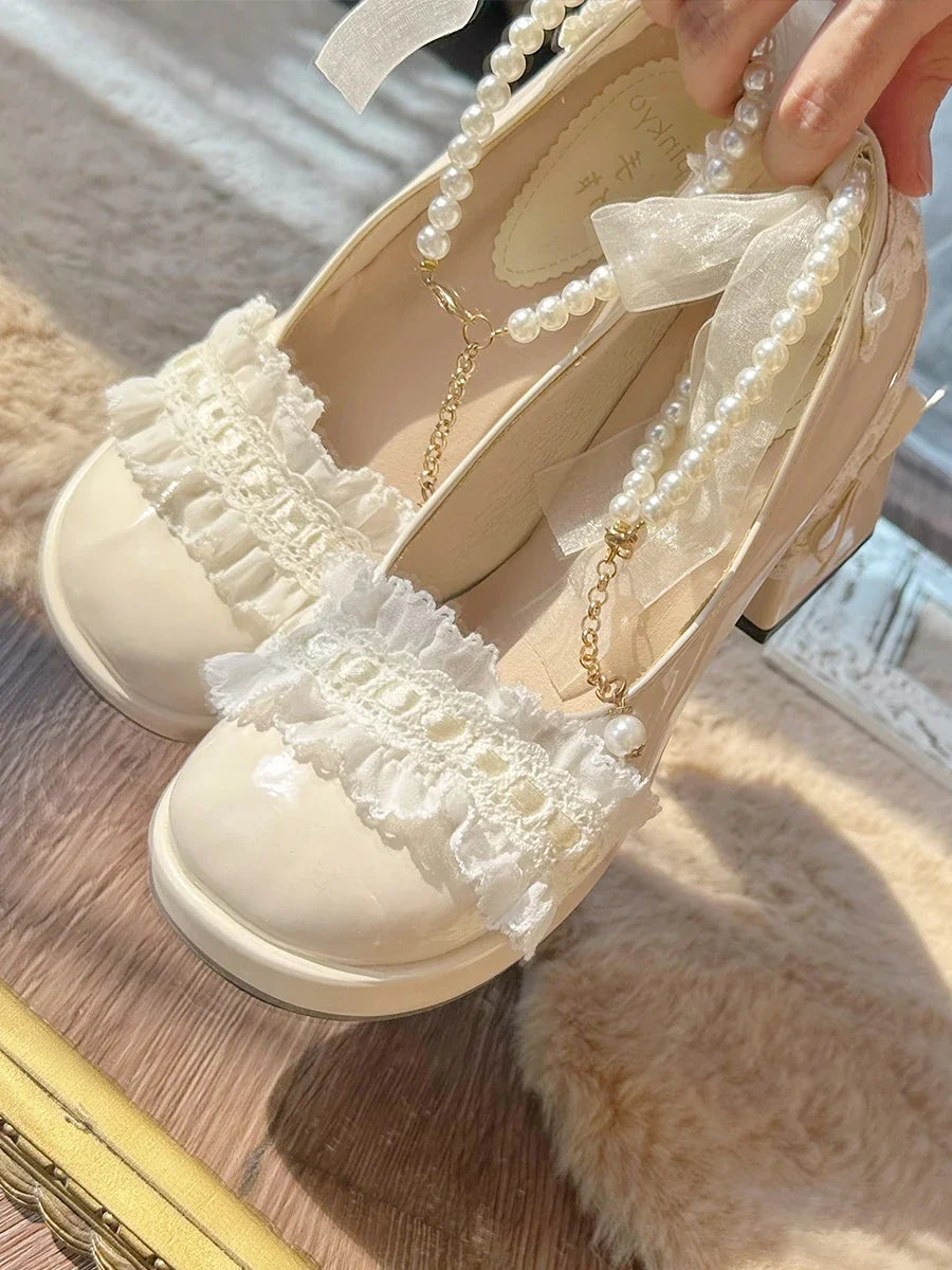 Original French Lace Pearl Lolita Shoes Autumn Fairy Round Head Thick Heels Japanese Girls' Tea Party Single Shoes