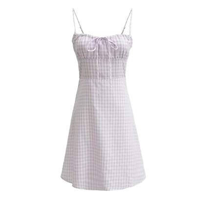 Spaghetti Strap Tie Up Plaid Dress Women Summer Beach Midi Sundress Strapless Retro Pink Short Vestidos Female Dress