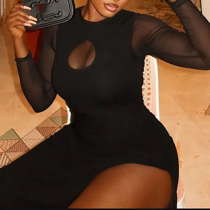 Elegant High Split Slim Wrap Hips Dress Lady See-through Sleeve Solid Evening Dresses Sexy Mesh O-neck Hollow Out Bodycon Dress