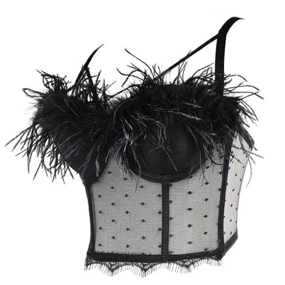 Summer New Women Mesh Lace Feather Camisole Bustier Bra Cropped Tops Beading Fishnet Hot Diamond Sexy Sleeveless Vest Slim
