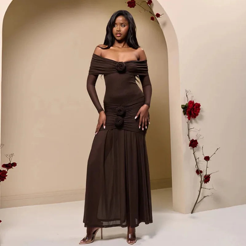 Off Shoulder Long Sleeve 3D Floral Rosette Mermaid Maxi Gown
