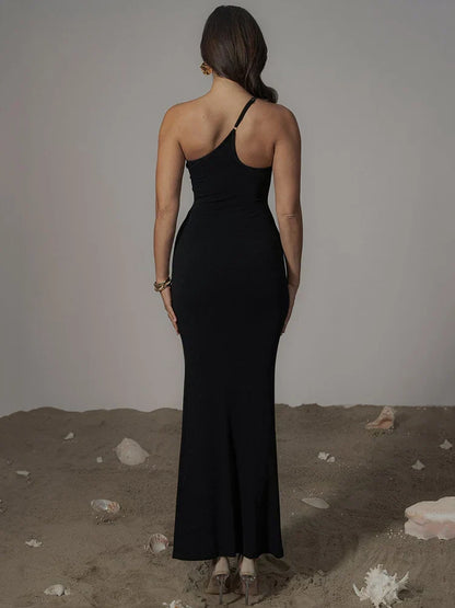 One Shoulder Mesh Panel Patchwork Maxi Dress