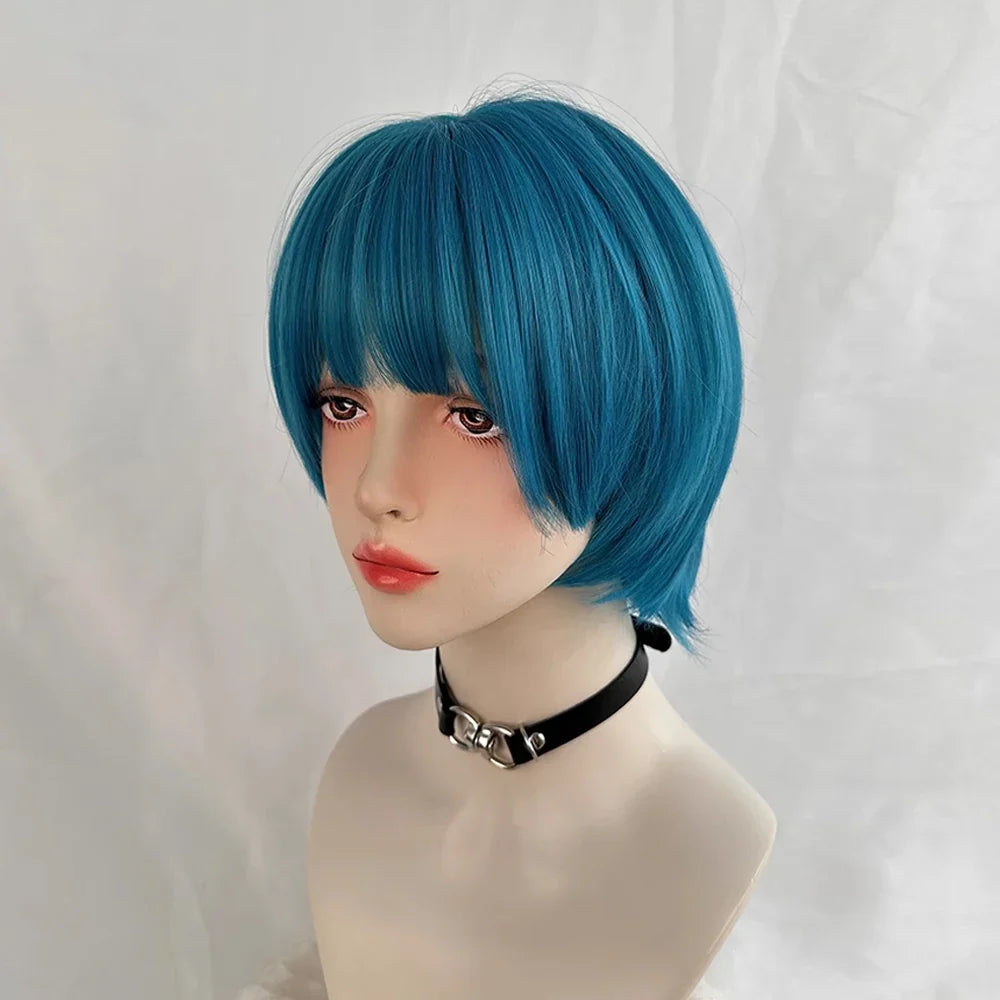 Short Blue Synthetic Straight Women Wig with Bangs Fluffy Lolita Cosplay Wig Heat Resistant for Daily Party