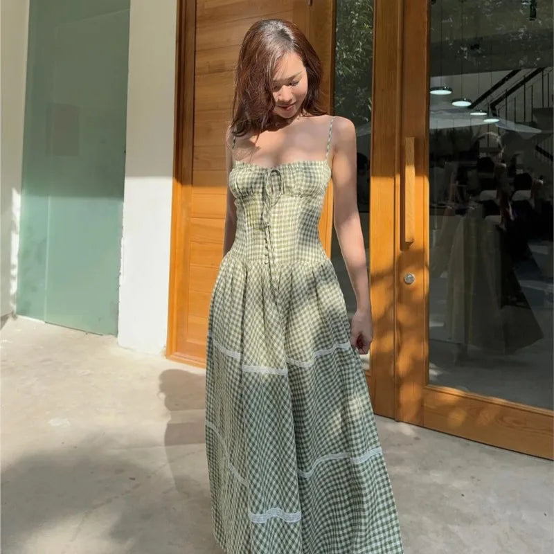 Holiday Style Summer Women's Dress Lace Splicing Sweet Lace Waist Back Green Plaid Dresses Elegant Fashion Long Dress
