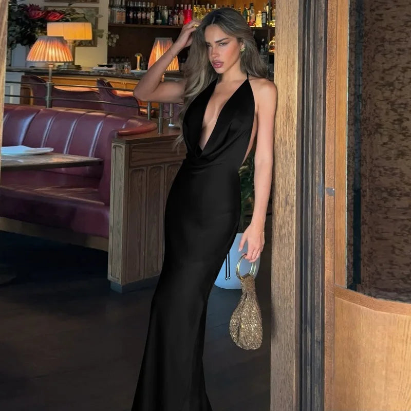 Women's Evening Gown Deep V Neck Halter Sexy Maxi Dress Solid Color Summer Sleeveless Backless Slim Fit Party Long Dress