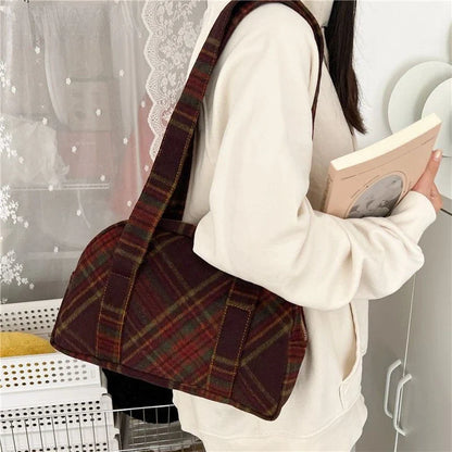 New Vintage Woolen Plaid Tote Bags Casual Handbag Korean All-match Design Fashion Women Shoulder Bag