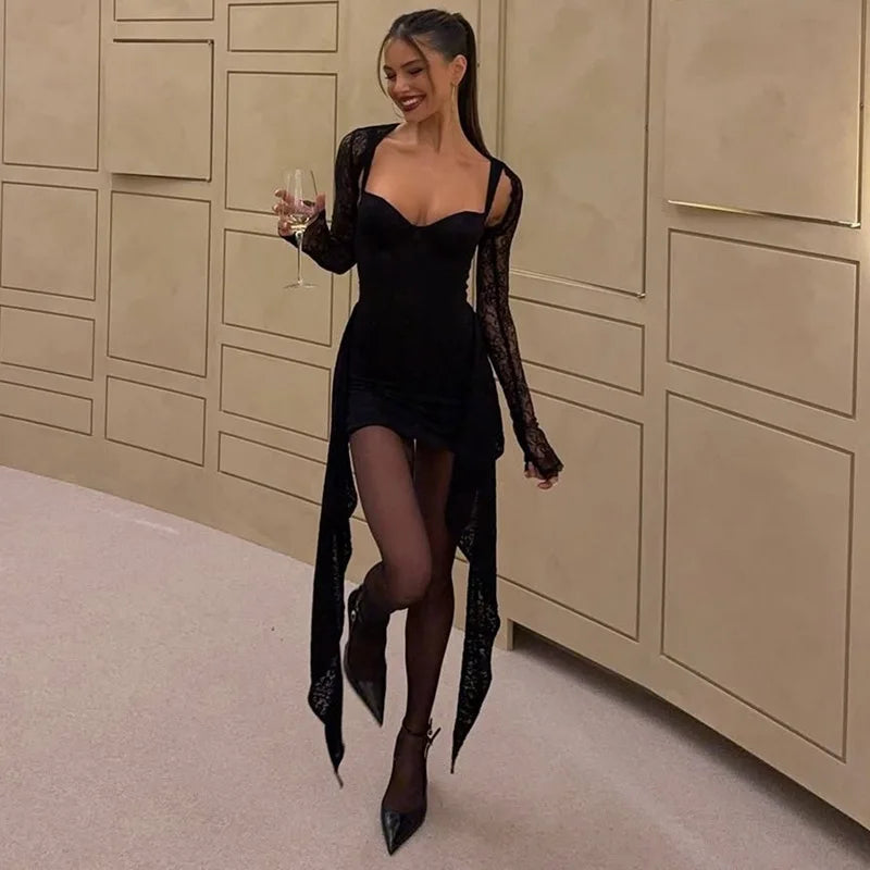 Lace Patchwork Mini Dress for Women Sexy Backless Sheer Cloak 2 Piece Sets Cocktail Dresses Party Birthday Outfits
