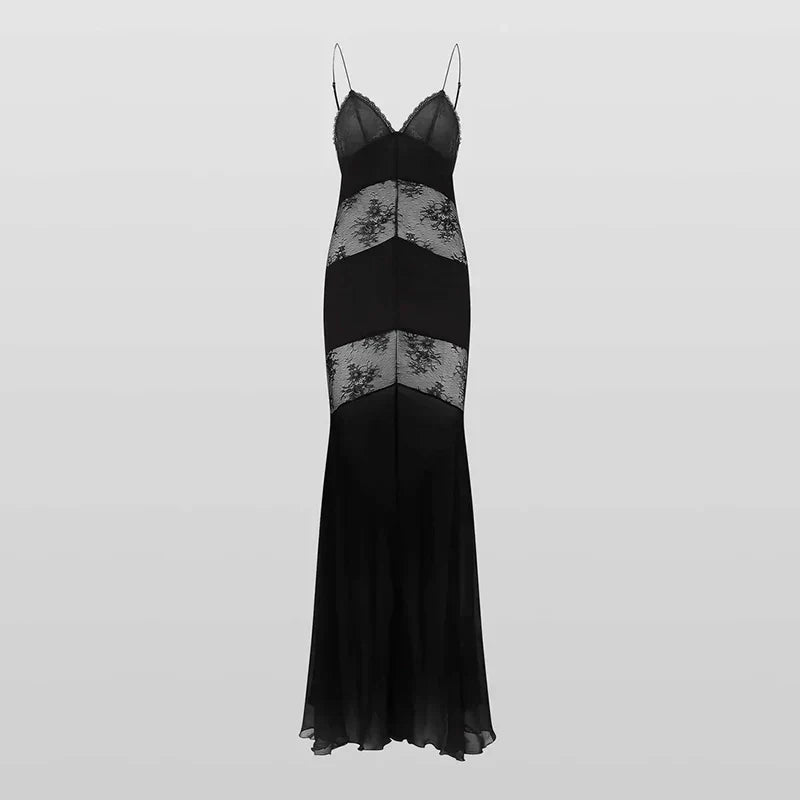 Halter Choker Neck Lace Chevron Panel Sheer Maxi Gown
