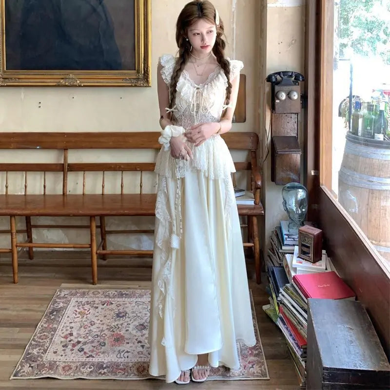 Summer New Vintage Design Off-Shoulder Dresses Elegant Lace Splice Fitted Hollow Out Strap Dress Evening Gown Women Outfits