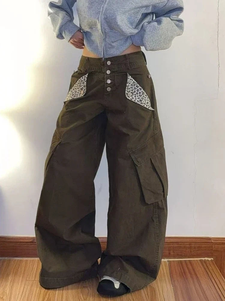 Vintage Chic American Vintage Trousers Pocket Design Leopard Print Button Long Denim Pants 2000s Casual Loose Straight Leg Pants
