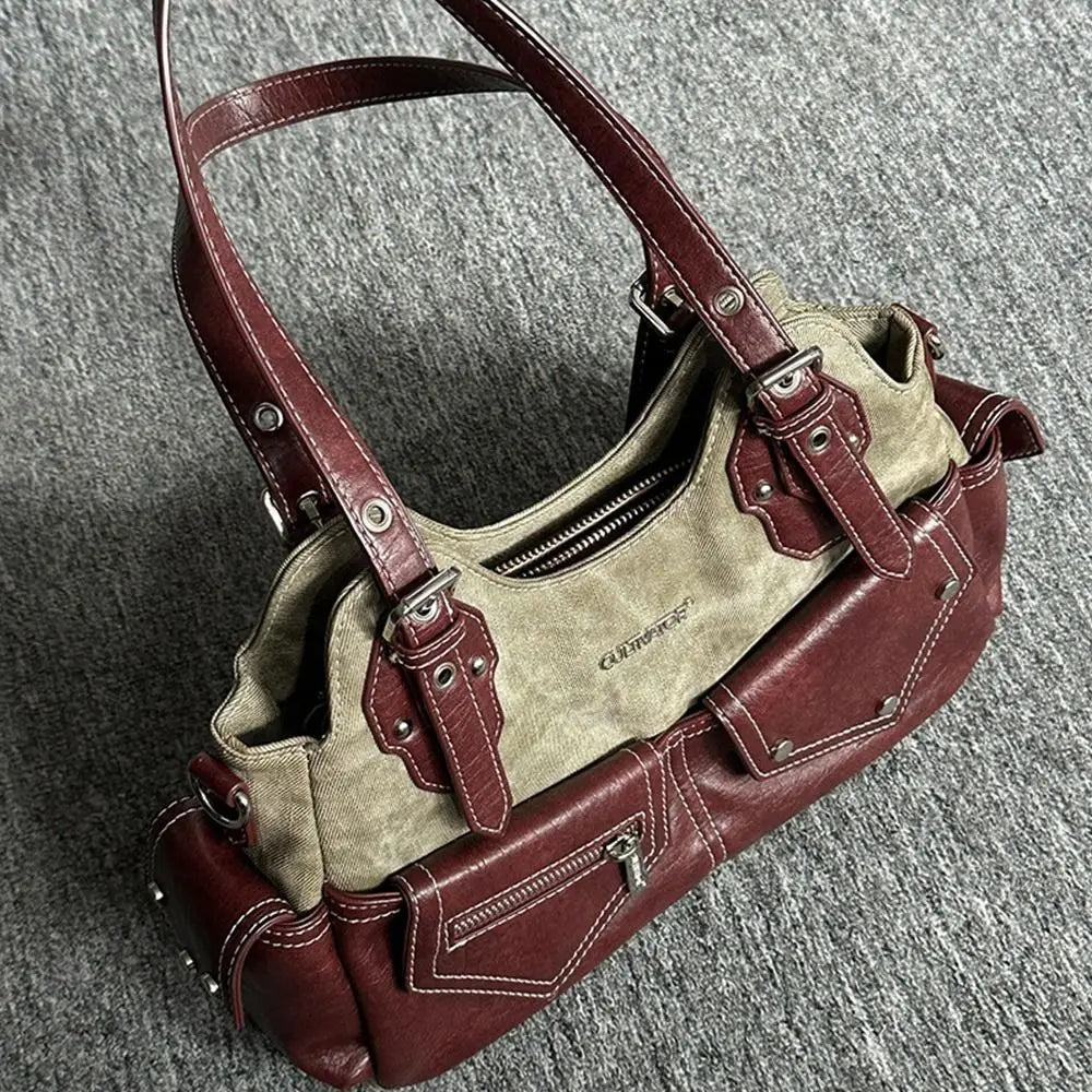 Women's Fashion PU Leather Shoulder Bag Large Capacity Crossed Color Cowboy Backpack Multifunctional Underarm Bag Casual Outing