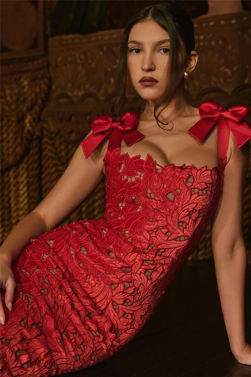 Square Neck Large Bow Shoulder Floral Lace Column Maxi Gown