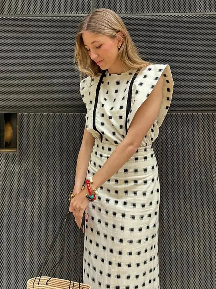 Elegant Printed Striped Flying O Neck Sleeve Tops Set Causal High Waist Long Slim Dresses Suits Summer Female High Street Outfit