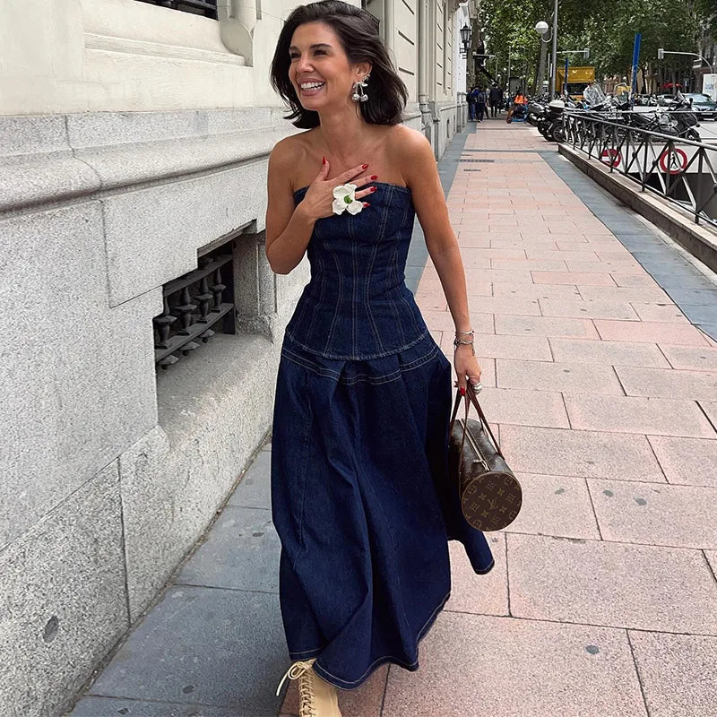 Vintage Denim Vest Skirt Women Outfit Elegant Slash Neck Tank Top Pleated Zippers Mid Skirts Summer Fashion Lady Set