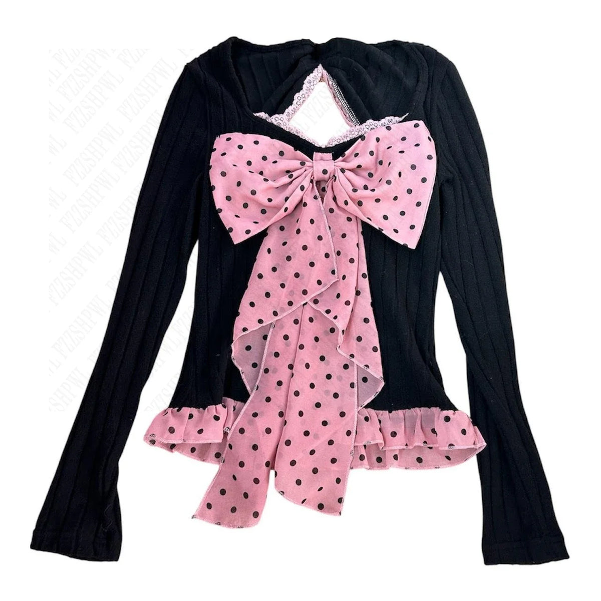 Polka dot Bow Cute Women Long Sleeve Lace Clothing Y2K Slim Tide Pink Tee Vintage Harajuku T-shirts 2000s Sweet Fashion Pullover