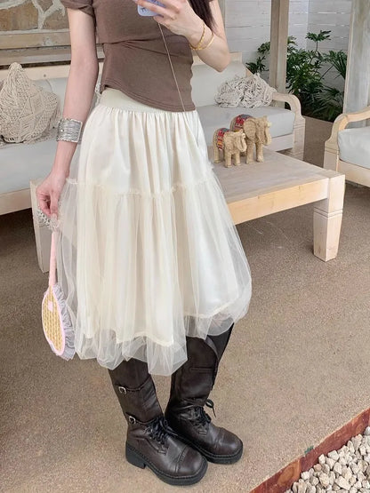 Elegant Solid A-line Splice Mesh Skirts for Women 2025 Fashion Korean Fashion Elastic Waist Black Tulle Saia Feminina