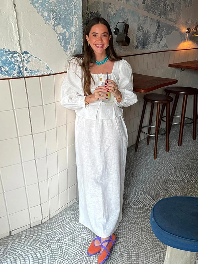 Skirts Set for Women 2 Pieces Lantern Sleeve Blouse Skirt Suit White Square Collar Button Shirts Long Skirts 2024 Summer Outfit