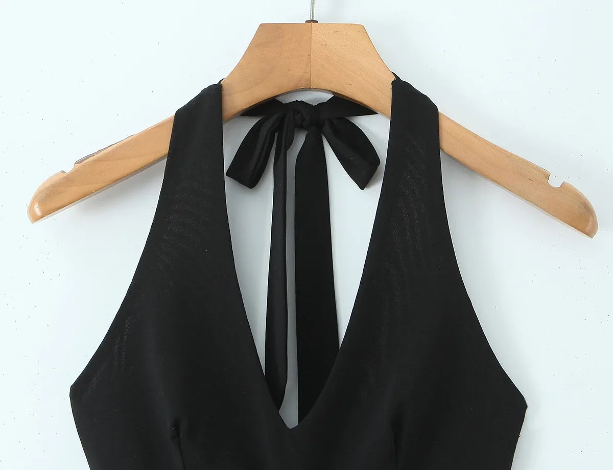 Halter Neck Camisole Polka Dot Skirt Set Women's Summer Sexy Fashionable Personality Neckband Backless Beach Vacation Black Set
