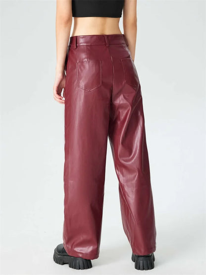 Women High Waist Matte Leather Straight Pants Casual Loose Trousers With Pocket Vintage Burgundy PU Pants Party Cutstom Clubwear