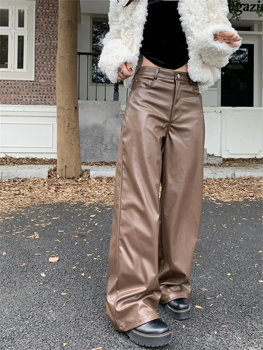 Casual Slim Faux PU Pants Women Chic Slim Autumn Office Lady High Street Fashion New Daily Fashion Loose