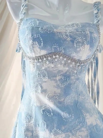 Lolita Sweet Girl Dress Sky Blue Beach Vacation Cute Loli Fairy Strap Dress Pearl Style Dress