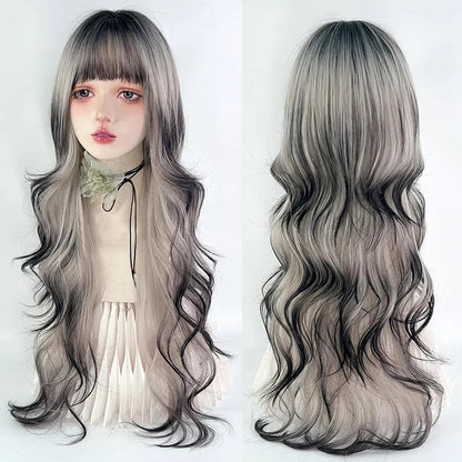 Black Ombre Beige long Synthetic Wavy Wig with Bangs Fluffy Lolita Cosplay Heat Resistant Wig for Daily Party