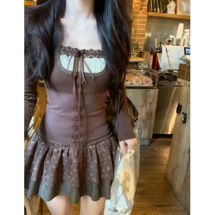 Korean Lace Up Patchwork Sexy Slim Long Sleeved T-shirt Women + Floral Printed Casual Cake Skirt Two-piece Suit Chic
