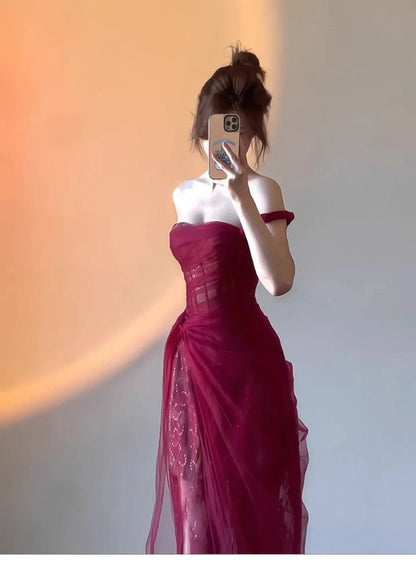 Women Vintage Red Sexy Strapless Sleeveless Lace Mesh Maxi Dress Elegant Christmas Evening Slim Long Dress Vestidos