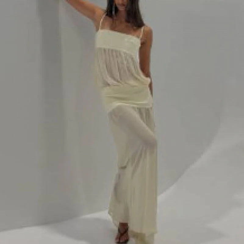 Fashion Hight Waist Vacation Long Dress Elegant Off Shoulder Suspenders Dress Women's Sexy Sleeveless Mesh Patchwork Solid Gowns