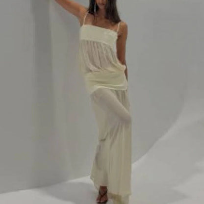 Fashion Hight Waist Vacation Long Dress Elegant Off Shoulder Suspenders Dress Women's Sexy Sleeveless Mesh Patchwork Solid Gowns