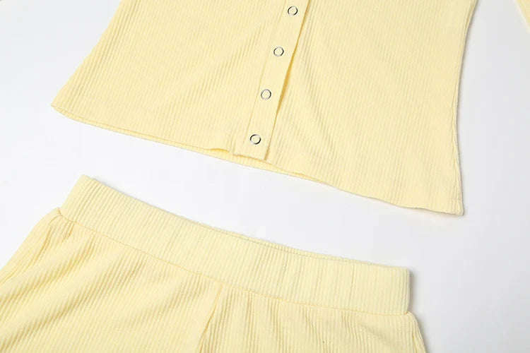 Leisure Stretch 2-Piece Set Women Single-Breasted Long Sleeves o-Neck Blouse+Basis Shorts Simple Classic Street Suits