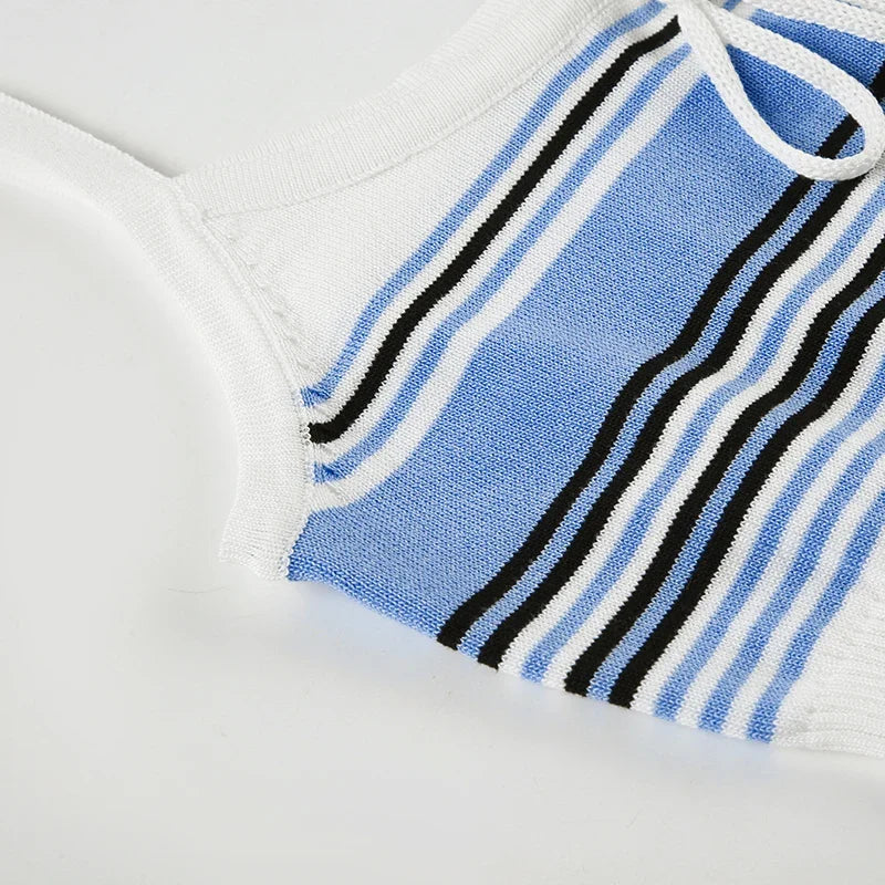 Sweetown Simple Knitted Camisole Tops Stripe Patchwork Slim Casual Holiday New Fashion Blouses