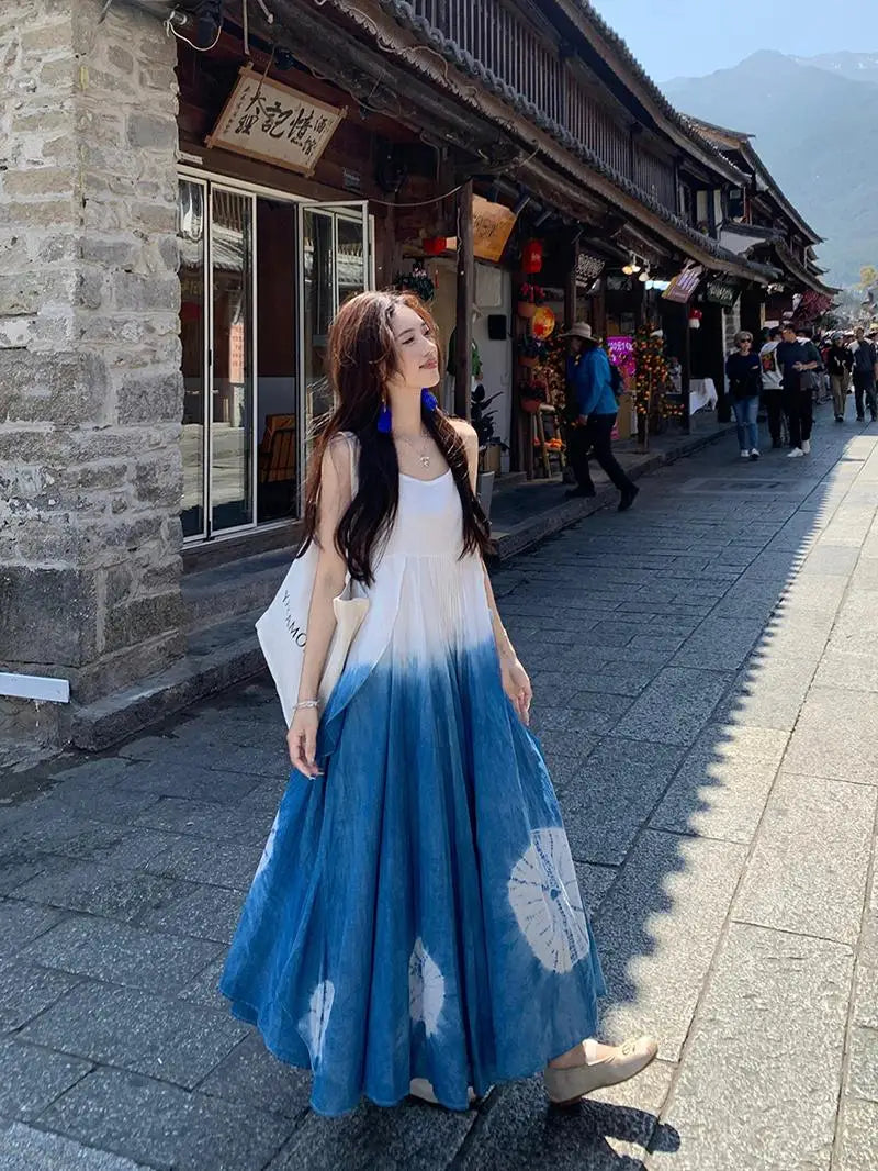 Holiday Style Tie Dyeing Blue Strap Camsiole Dress Summer Ethnic Style Temperament Sleevleess A-line Beach Long Dress for Women
