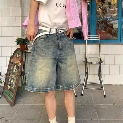 Women's A-line Blue Thin Denim Shorts Summer Young Girl High Waisted Wide Leg Bottoms Female Knee Length Simple Style Pants