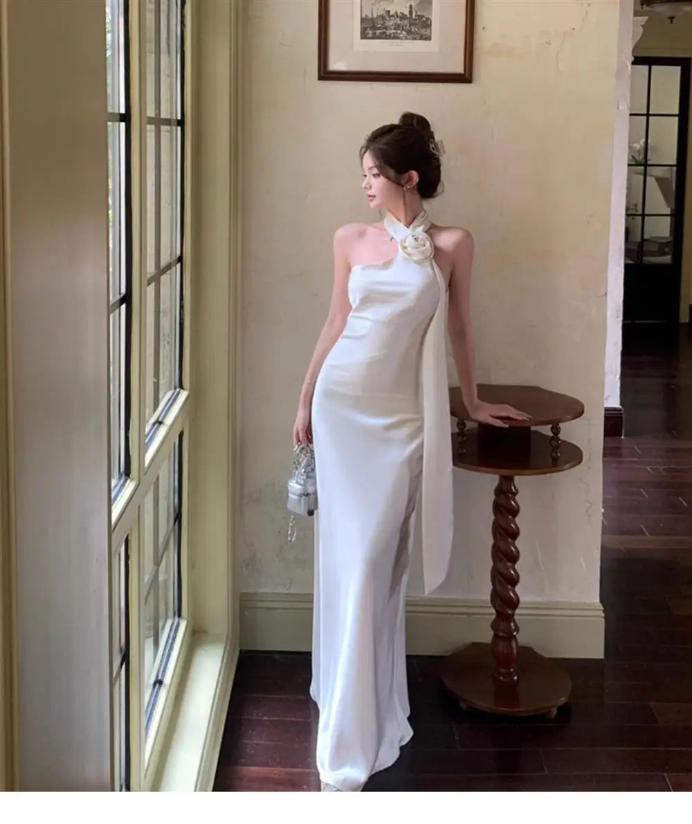 Stunning Strapless Gown Women's Summer Sexy Backless Sash Long Dress Banquet Silk Evening Gown Slim Fit Wrap Style without Sl...