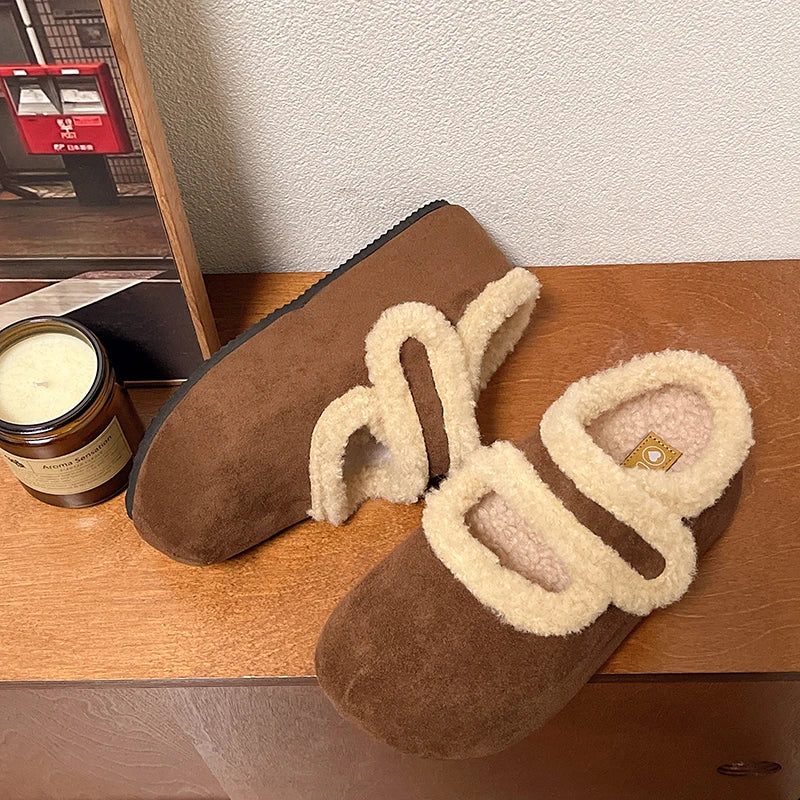 Female Shoes Breathable Winter Cotton Thick Warm Plush Fur Simple Buckle Moccasin Anti-Slippery Autumn New Hot Retro