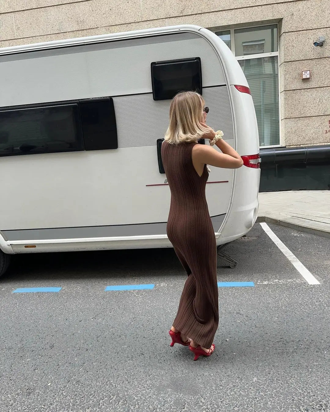 Mock Neck Sleeveless Rib Knit Bodycon Maxi Dress